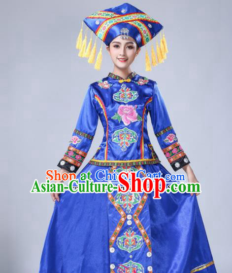 Chinese Ethnic Minority Blue Embroidered Dress Traditional Zhuang Nationality Folk Dance Costumes for Women