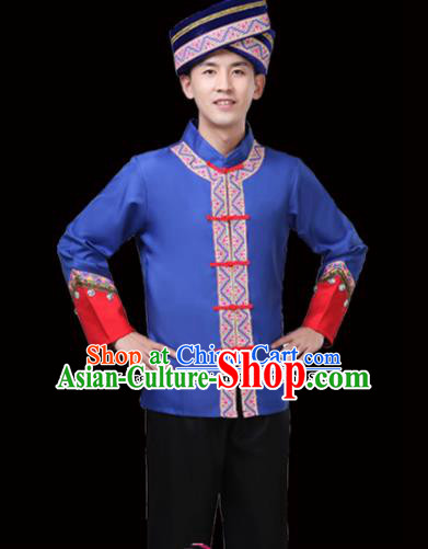 Chinese Traditional Miao Nationality Folk Dance Clothing Ethnic Dance Embroidered Blue Costumes for Men