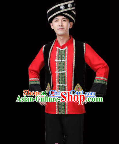 Chinese Traditional Miao Nationality Folk Dance Clothing Ethnic Dance Embroidered Red Costumes for Men