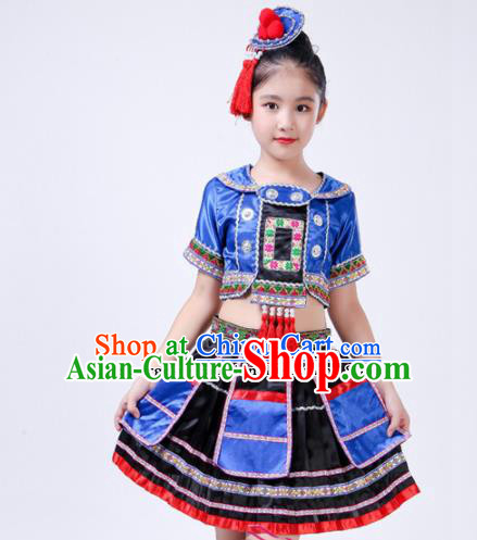 Chinese Traditional Yao Nationality Folk Dance Blue Dress Ethnic Dance Costumes for Kids