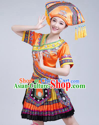 Chinese Zhuang Ethnic Minority Orange Embroidered Dress Traditional Nationality Folk Dance Costumes for Women