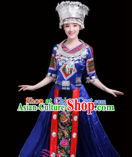Chinese Miao Ethnic Minority Royalblue Embroidered Dress Traditional Nationality Folk Dance Costumes for Women