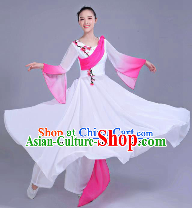 Chinese Traditional Folk Dance Costumes Classical Dance Umbrella Dance White Dress for Women