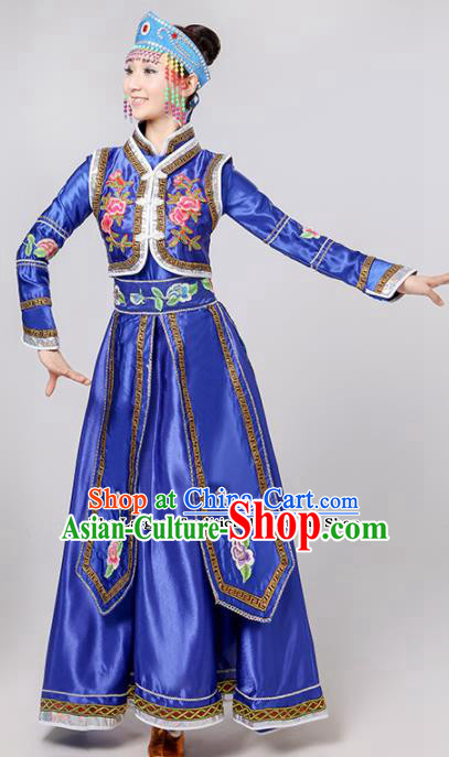 Chinese Traditional Mongolian Minority Folk Dance Royalblue Dress Mongols Ethnic Dance Costumes for Women
