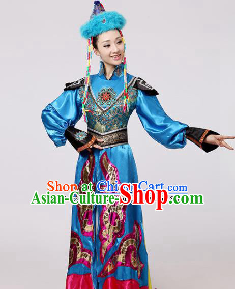 Chinese Traditional Mongolian Minority Blue Dress Mongols Ethnic Folk Dance Costumes for Women
