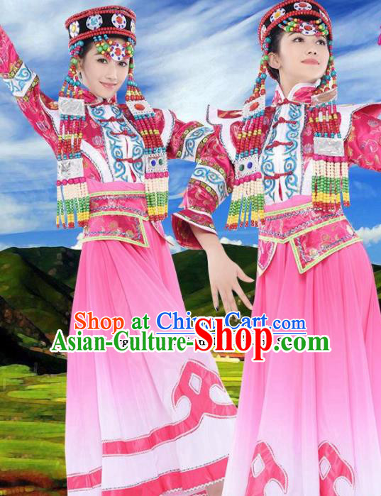 Chinese Traditional Mongolian Minority Pink Dress Ethnic Folk Dance Costumes for Women