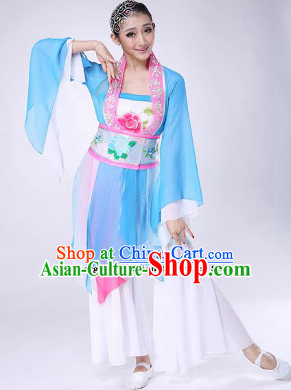 Chinese Traditional Folk Dance Blue Dress Classical Dance Umbrella Dance Costumes for Women