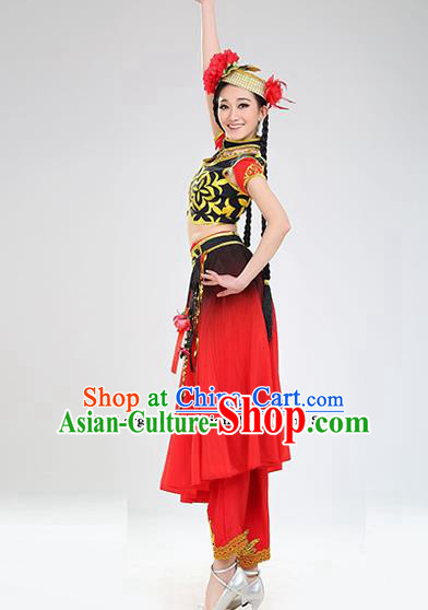 Chinese Traditional Uyghur Minority Red Dress Uigurian Ethnic Folk Dance Costumes for Women