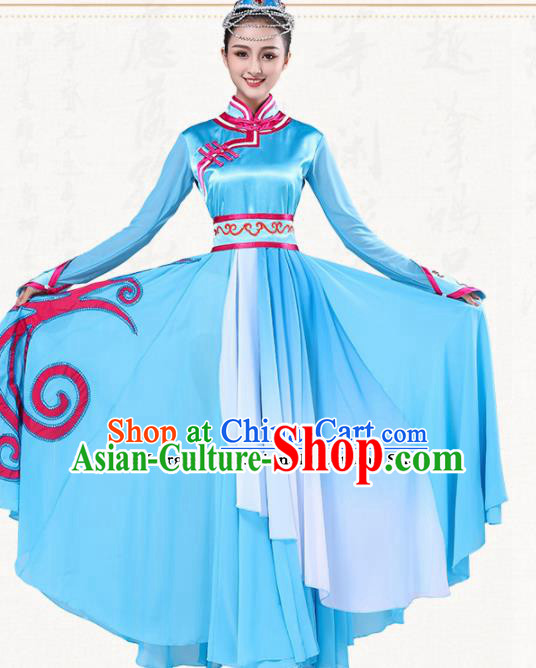 Chinese Traditional Mongol Minority Blue Dress Ethnic Folk Dance Mongolian Costumes for Women