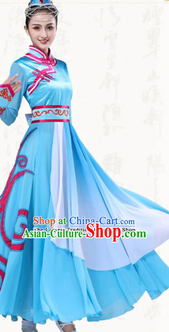 Chinese Traditional Mongol Minority Blue Dress Ethnic Folk Dance Mongolian Costumes for Women