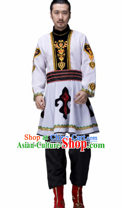 Chinese Traditional Mongolian Minority Folk Dance Clothing Mongol Ethnic Dance White Costumes for Men
