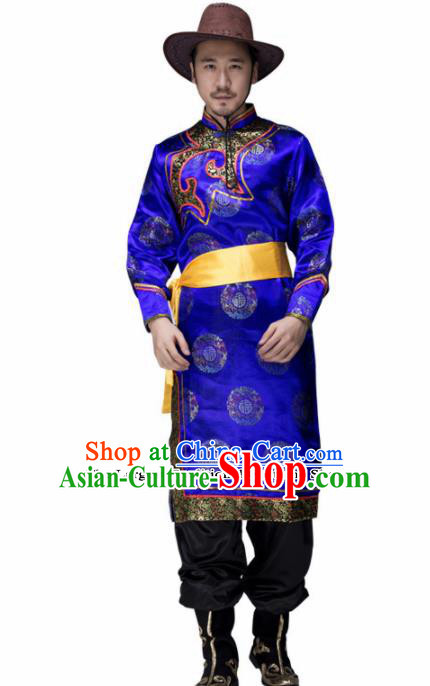 Chinese Traditional Mongolian Minority Folk Dance Clothing Mongols Ethnic Dance Blue Robe for Men