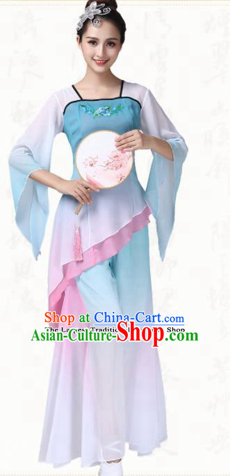 Chinese Traditional Folk Dance Yanko Dance Blue Dress Umbrella Dance Group Dance Costumes for Women