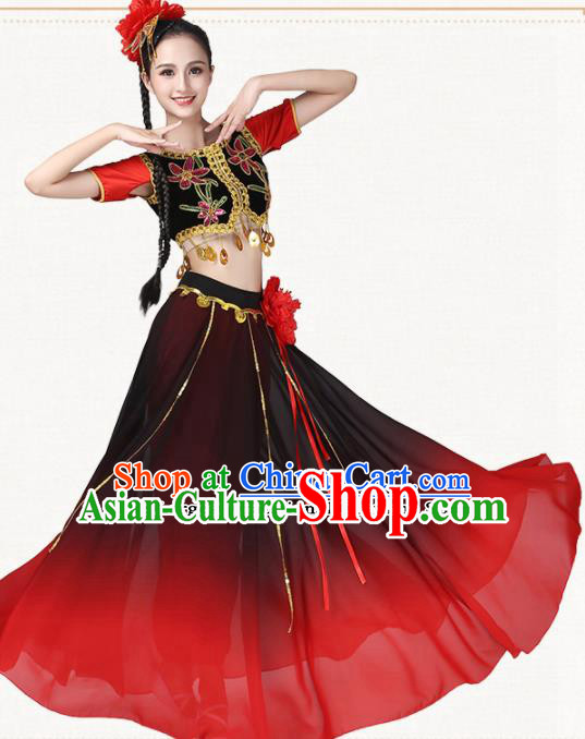 Chinese Traditional Uyghur Minority Dance Red Dress Uigurian Ethnic Folk Dance Costumes for Women