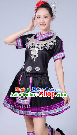 Chinese Ethnic Minority Black Dress Traditional Yi Nationality Folk Dance Costumes for Women