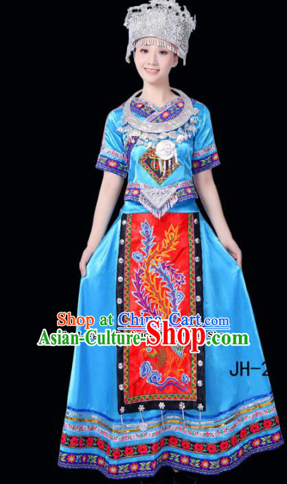 Chinese Ethnic Minority Blue Dress Traditional Miao Nationality Folk Dance Costumes for Women