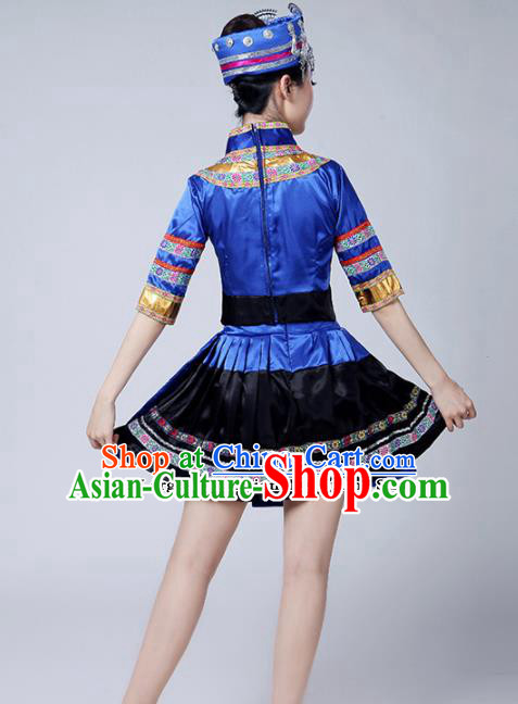 Chinese Ethnic Minority Embroidered Blue Dress Traditional Zhuang Nationality Folk Dance Costumes for Women