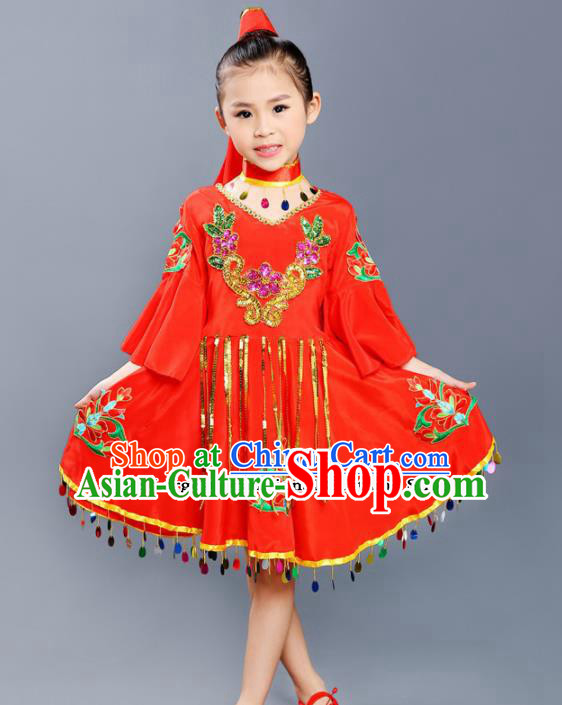 Chinese Traditional Uyghur Minority Folk Dance Clothing Ethnic Dance Red Dress for Kids