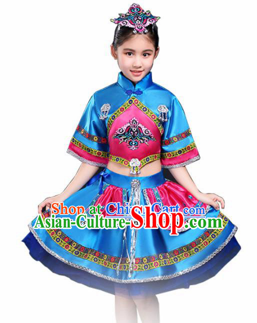 Chinese Traditional Miao Minority Folk Dance Clothing Ethnic Dance Blue Dress for Kids