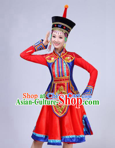 Chinese Mongolian Ethnic Minority Embroidered Red Dress Traditional Mongols Nationality Folk Dance Costumes for Women