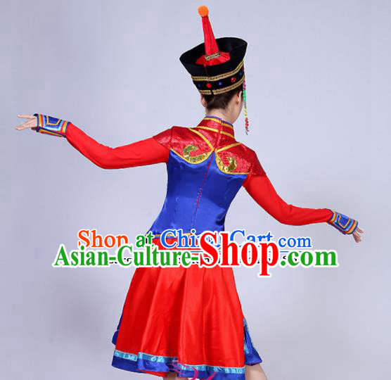 Chinese Mongolian Ethnic Minority Embroidered Red Dress Traditional Mongols Nationality Folk Dance Costumes for Women