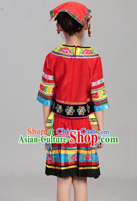 Chinese Traditional Minority Folk Dance Clothing Yi Ethnic Dance Red Dress for Kids
