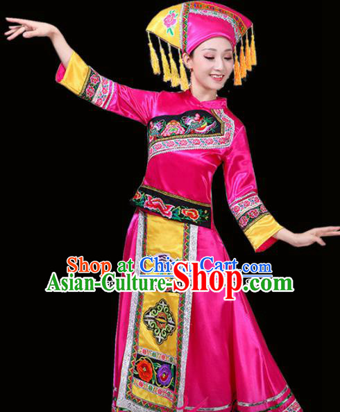 Chinese Yi Ethnic Minority Embroidered Rosy Dress Traditional Nationality Folk Dance Costumes for Women
