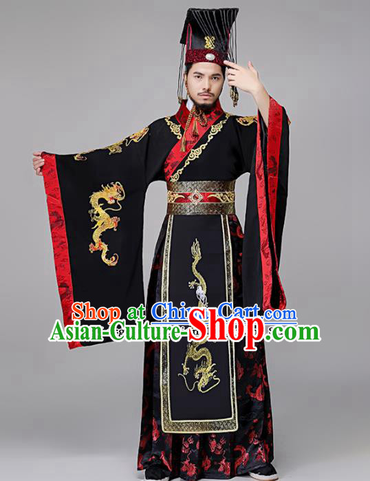 Traditional Chinese Drama Qin Dynasty First Emperor Costumes Ancient Emperor Imperial Robe and Headwear for Men