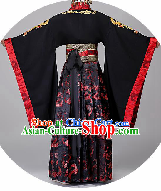 Traditional Chinese Drama Qin Dynasty First Emperor Costumes Ancient Emperor Imperial Robe and Headwear for Men