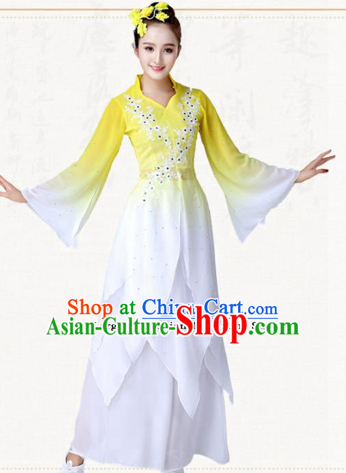 Chinese Traditional Classical Dance Umbrella Dance Yellow Dress Group Dance Costumes for Women