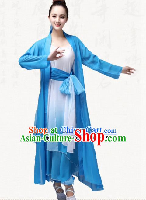 Chinese Traditional Classical Dance Blue Dress Group Dance Costumes for Women