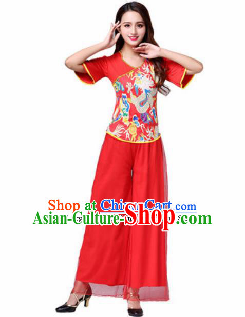 Traditional Chinese Folk Dance Yangko Red Costumes Fan Dance Group Dance Clothing for Women