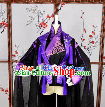 Traditional Chinese Cosplay Childe Embroidered Purple Costumes Ancient Swordsman Hanfu Clothing for Men