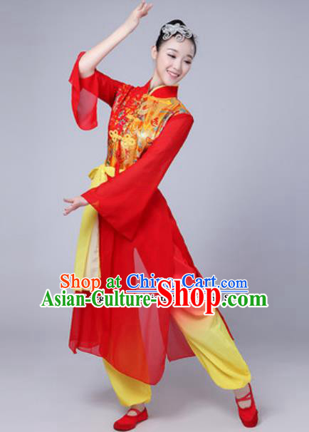 Traditional Chinese Folk Dance Costumes Fan Dance Drum Dance Red Dress for Women