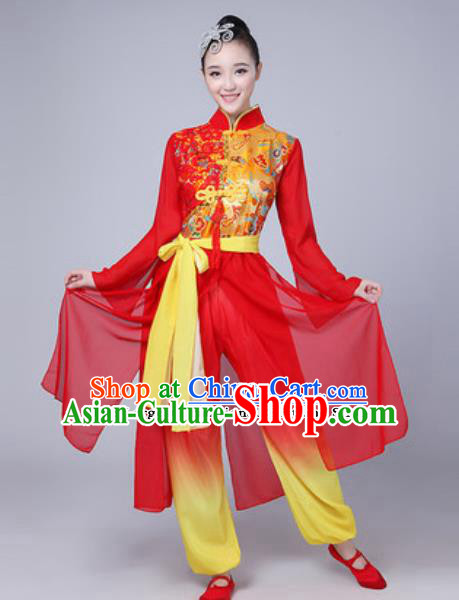 Traditional Chinese Folk Dance Costumes Fan Dance Drum Dance Red Dress for Women