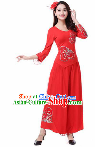 Traditional Chinese Folk Dance Costumes Fan Dance Yanko Dance Red Dress for Women