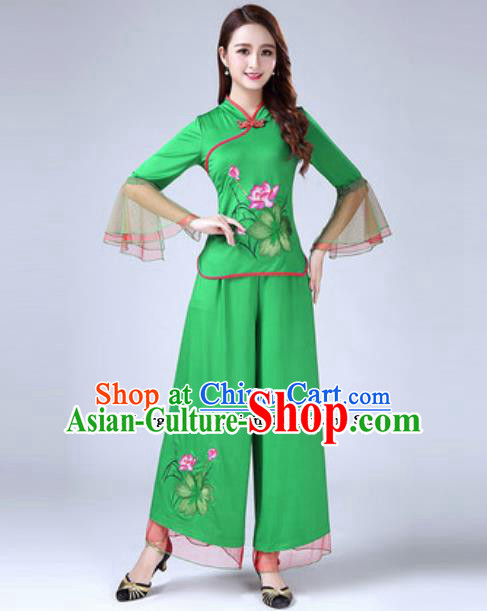 Traditional Chinese Folk Dance Costumes Lotus Dance Yanko Dance Green Dress for Women