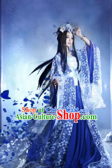 Traditional Chinese Cosplay Swordswoman Blue Costumes Ancient Imperial Consort Hanfu Dress for Women
