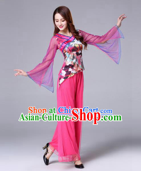 Traditional Chinese Folk Dance Rosy Costumes Fan Dance Yanko Dance Clothing for Women