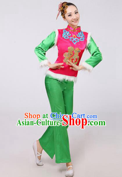 Traditional Chinese Folk Dance Yangko Green Costumes Fan Dance Clothing for Women