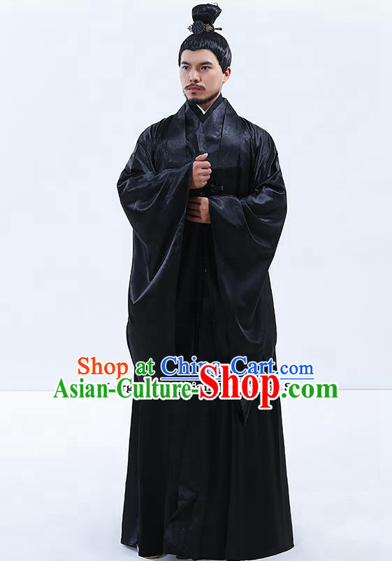 Traditional Chinese Drama Han Dynasty Emperor Costumes Ancient Majesty Embroidered Black Robe for Men