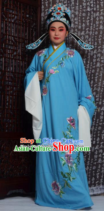 Professional Chinese Peking Opera Niche Costumes Embroidered Peony Blue Robe for Adults