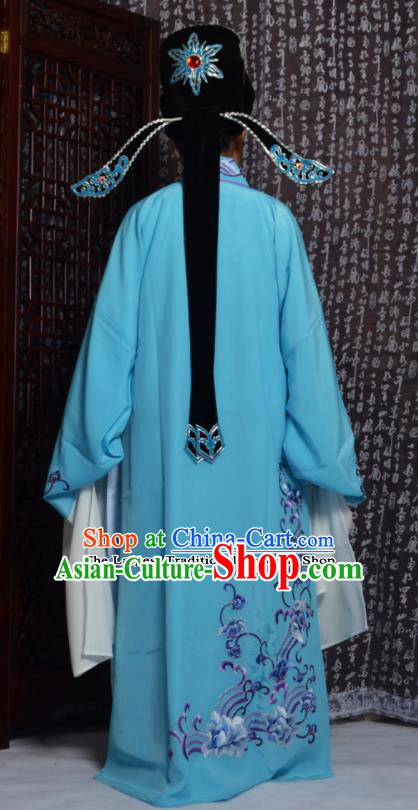 Professional Chinese Peking Opera Niche Costumes Embroidered Blue Robe for Adults