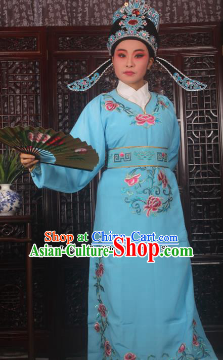 Professional Chinese Peking Opera Niche Costumes Gifted Scholar Embroidered Blue Robe for Adults