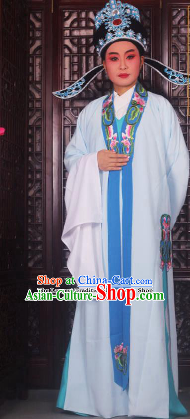 Professional Chinese Peking Opera Niche Costumes Ancient Scholar Blue Clothing and Hat for Adults