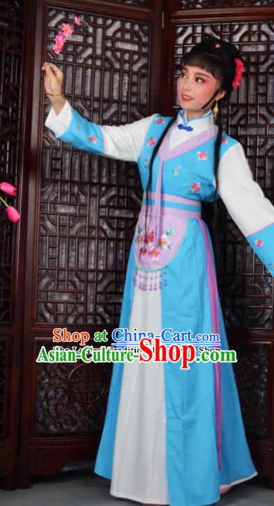 Chinese Ancient Maidservants Embroidered Blue Dress Traditional Peking Opera Actress Costumes for Adults