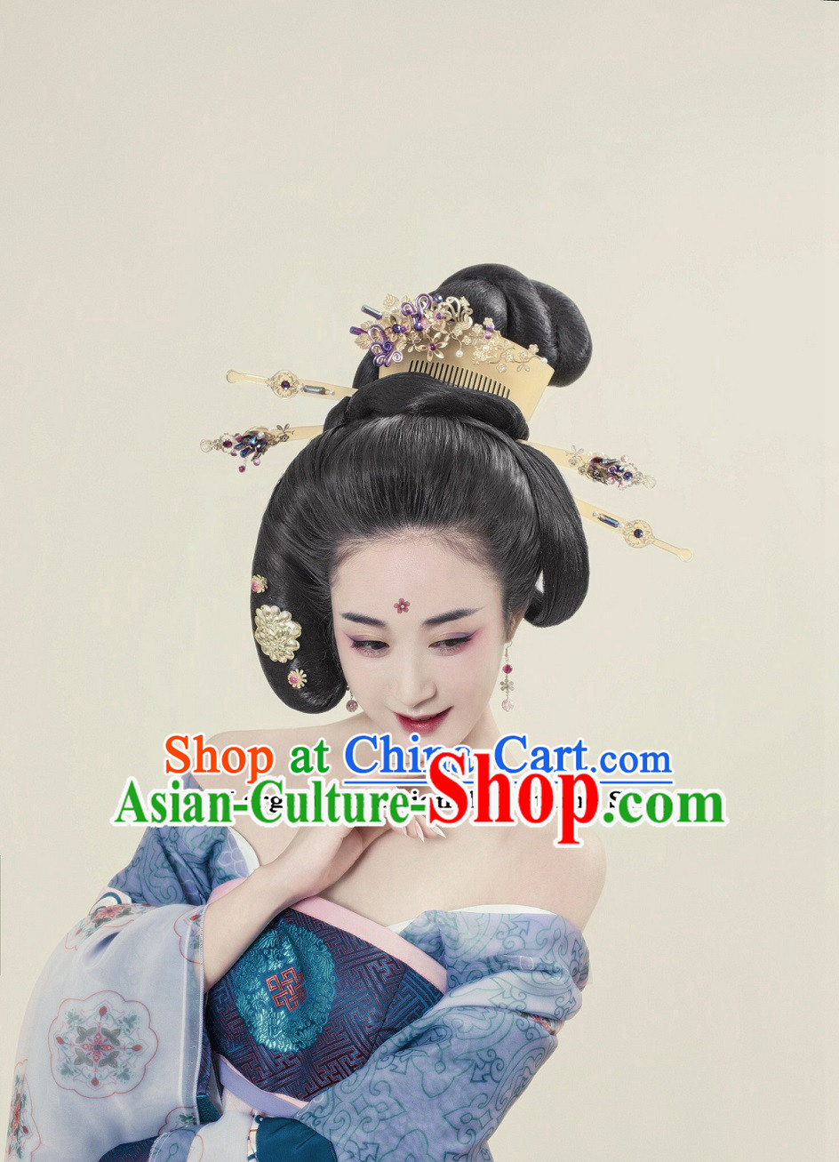 Traditional Ancient Chinese Empress Wig Hair Jewelry Japanese Black Wig Hair Accessories Complete Set