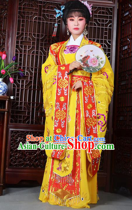Traditional Chinese Peking Opera Empress Embroidered Costumes Ancient Queen Yellow Dress for Adults
