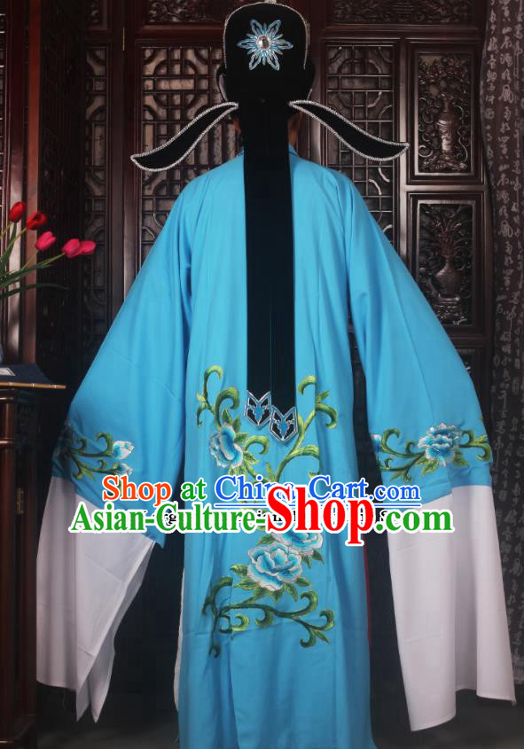 Top Grade Chinese Beijing Opera Scholar Costumes Peking Opera Niche Embroidered Blue Clothing for Adults