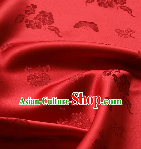 Traditional Asian Classical Peony Butterfly Pattern Red Brocade Cloth Drapery Korean Hanbok Palace Satin Silk Fabric